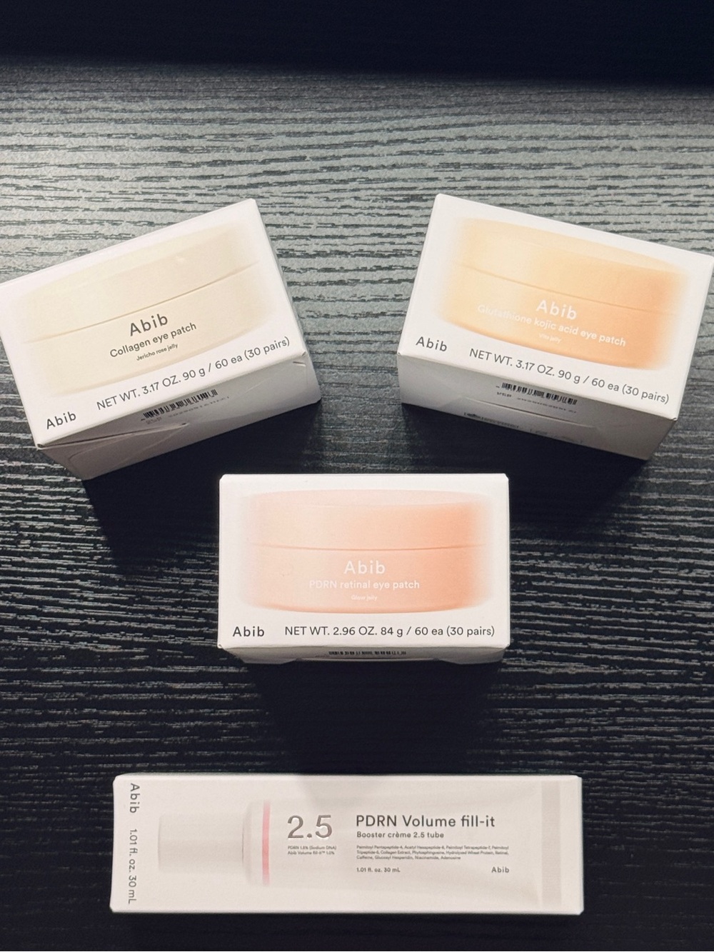 Abib skincare bundle. Includes 3x eye patches and 1x volume fill cream